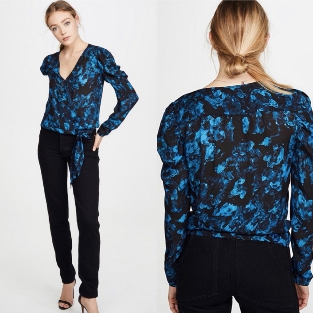 Parker Blue and Black Abstract Tie-Waist V-Neck Blouse - Picture 1 of 5